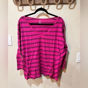 Bright pink with navy stripes, long sleeve T-shirt, Crown and Ivy size 2X
